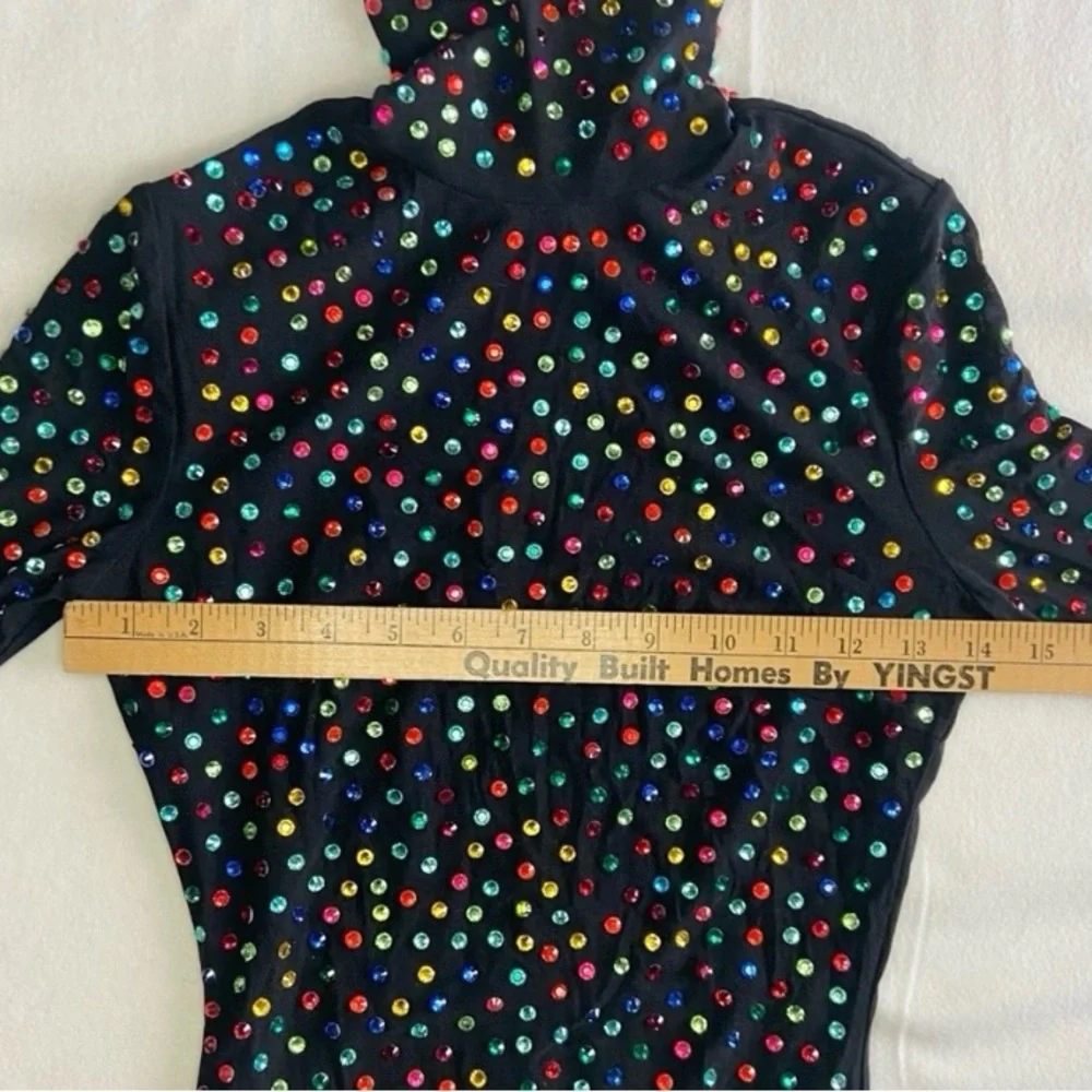 AKIRA Multicolored Rhinestone Bodycon Black Midi Dress Nylon Size Small - Picture 9 of 10